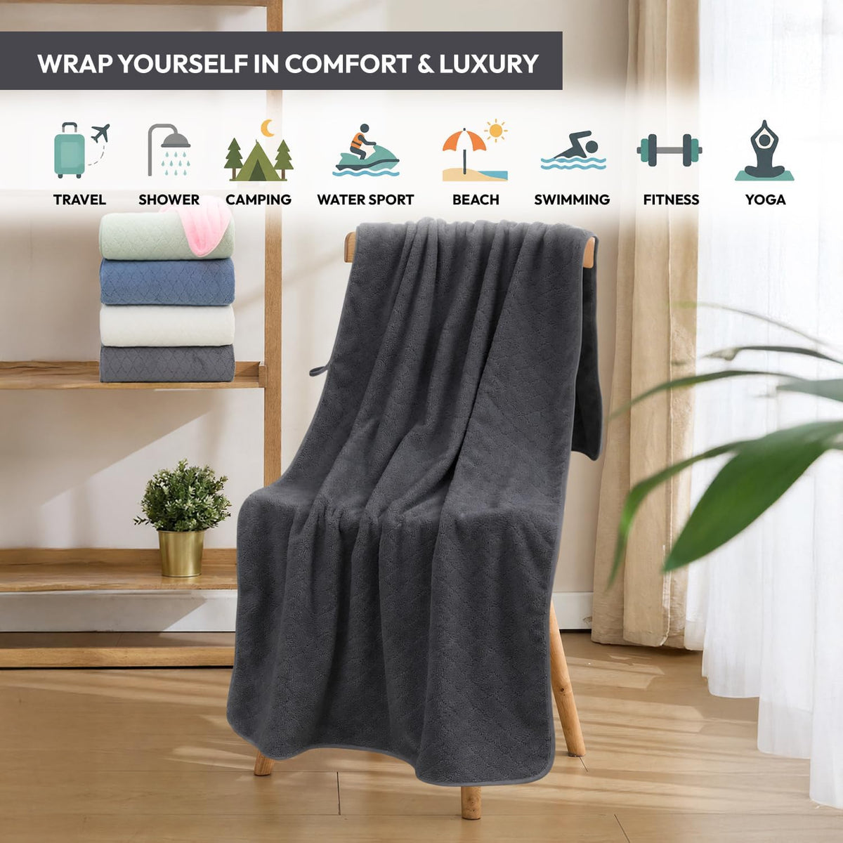 Microfiber Bath Towel (30" x 60"), Oversized Thick Towels, Soft, Super Absorbent and Fast Drying, No Fading Multipurpose Use for Sports, Travel, Fitness, Yoga, 30 in 60 in, Grey Count | Microfiber, Hanging Loop, Oversized, Soft & Absorbent, Fast