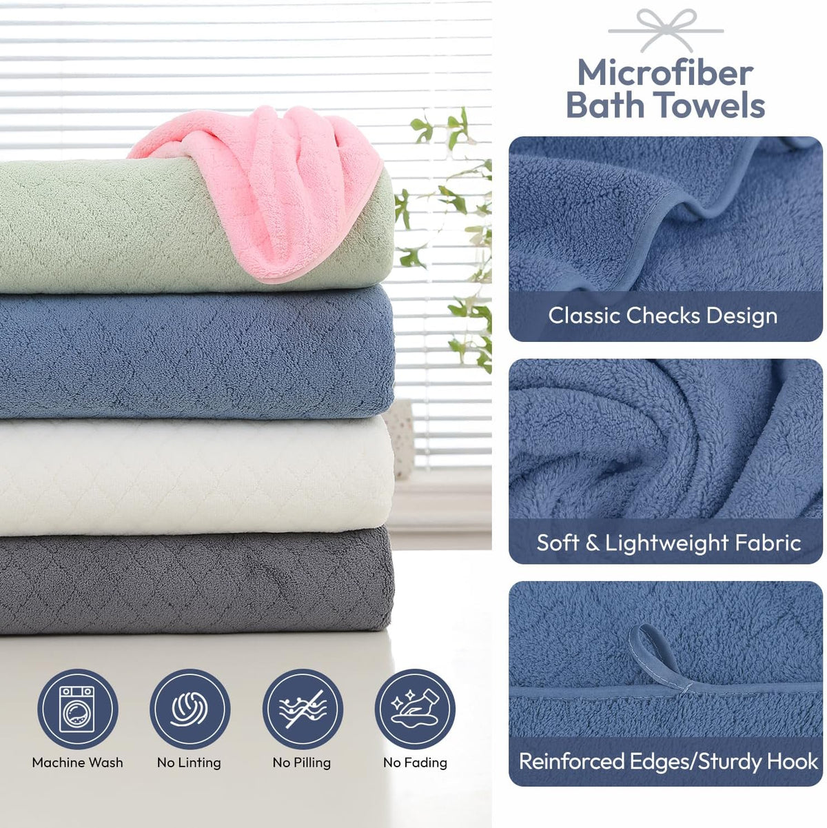 Microfiber Bath Towel (30" x 60"), Oversized Thick Towels, Soft, Super Absorbent and Fast Drying, No Fading Multipurpose Use for Sports, Travel, Fitness, Yoga, 30 in 60 in, Grey Count | Microfiber, Hanging Loop, Oversized, Soft & Absorbent, Fast