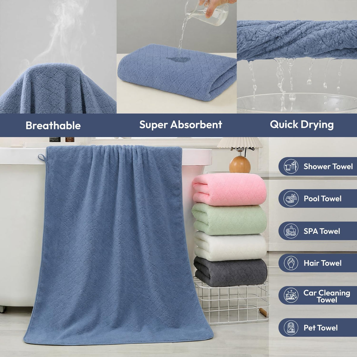 Microfiber Bath Towel (30" x 60"), Oversized Thick Towels, Soft, Super Absorbent and Fast Drying, No Fading Multipurpose Use for Sports, Travel, Fitness, Yoga, 30 in 60 in, Grey Count | Microfiber, Hanging Loop, Oversized, Soft & Absorbent, Fast