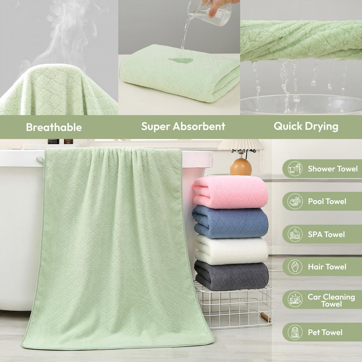 Microfiber Bath Towel (30" x 60"), Oversized Thick Towels, Soft, Super Absorbent and Fast Drying, No Fading Multipurpose Use for Sports, Travel, Fitness, Yoga, 30 in 60 in, Grey Count | Microfiber, Hanging Loop, Oversized, Soft & Absorbent, Fast