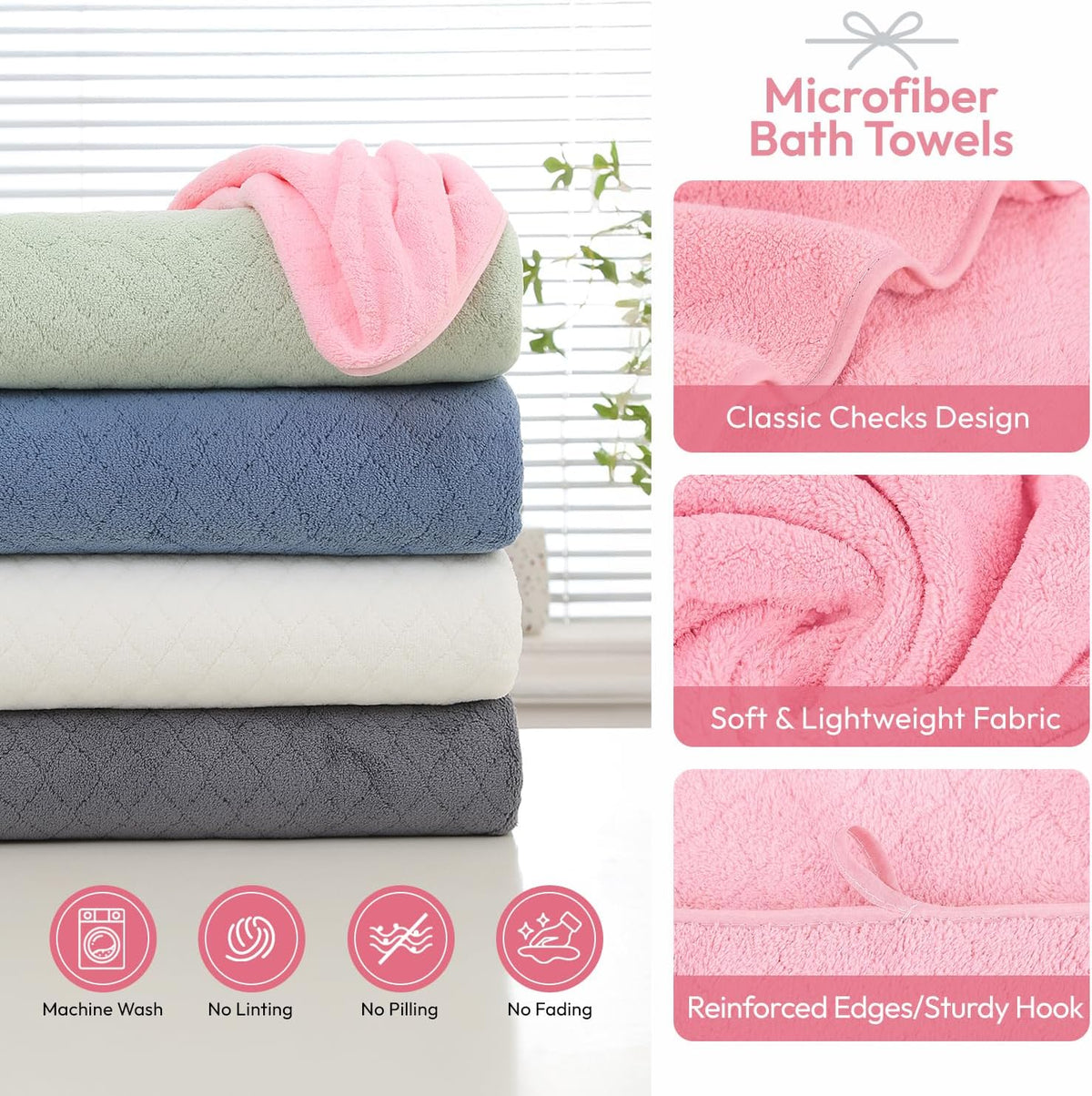 Microfiber Bath Towel (30" x 60"), Oversized Thick Towels, Soft, Super Absorbent and Fast Drying, No Fading Multipurpose Use for Sports, Travel, Fitness, Yoga, 30 in 60 in, Grey Count | Microfiber, Hanging Loop, Oversized, Soft & Absorbent, Fast