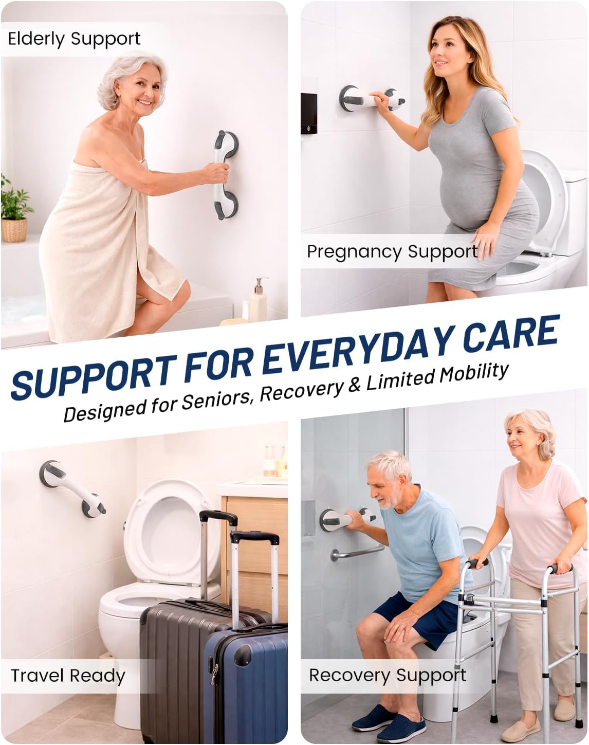 Suction Grab Bars for Shower, Gel-Enhanced Shower Handles for Seniors, Grey