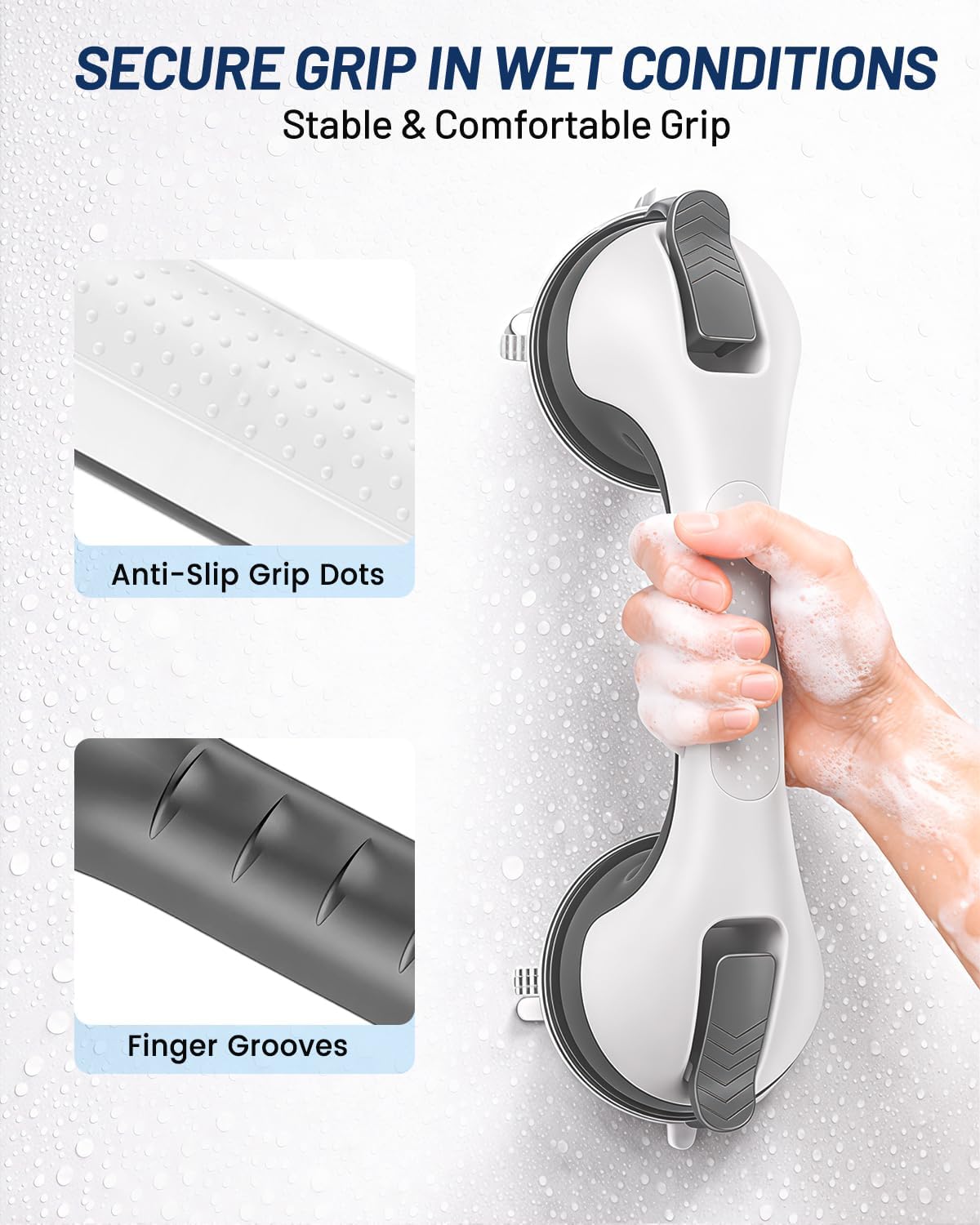 Suction Grab Bars for Shower, Gel-Enhanced Shower Handles for Seniors, Grey