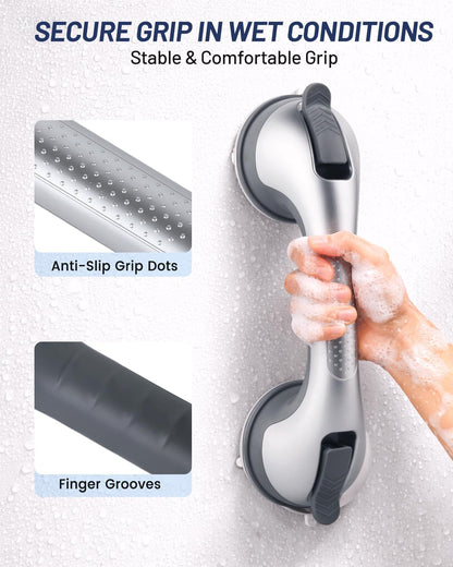 Suction Grab Bars for Shower, Gel-Enhanced Shower Handles for Seniors, Grey