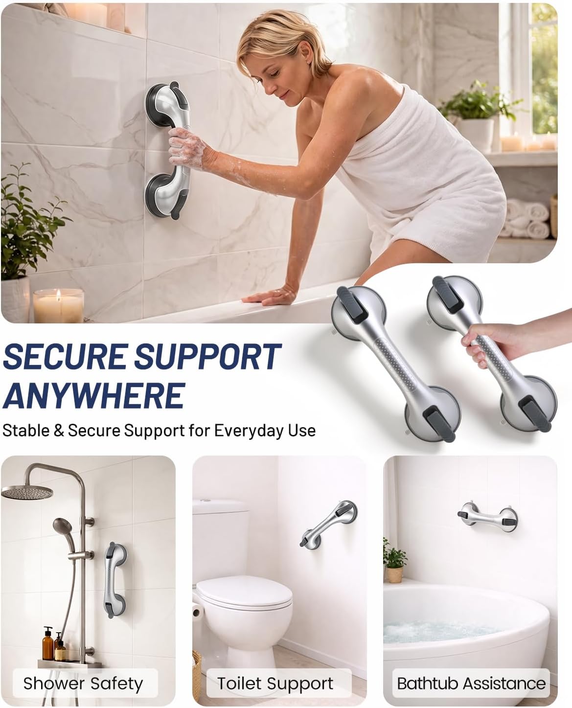 Suction Grab Bars for Shower, Gel-Enhanced Shower Handles for Seniors, Grey