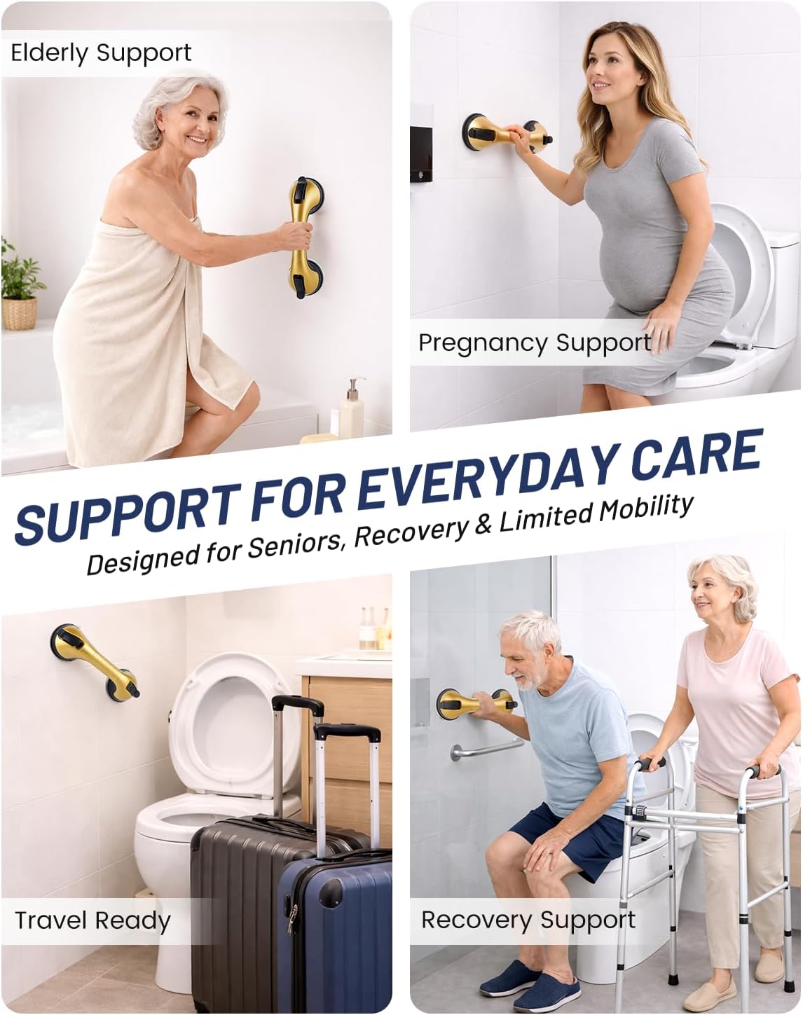 Suction Grab Bars for Shower, Gel-Enhanced Shower Handles for Seniors, Grey