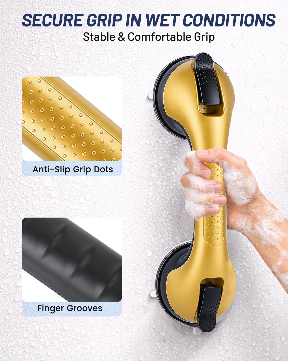 Suction Grab Bars for Shower, Gel-Enhanced Shower Handles for Seniors, Grey