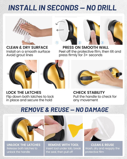 Suction Grab Bars for Shower, Gel-Enhanced Shower Handles for Seniors, Grey
