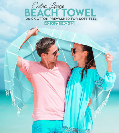 Pack of 2 Turkish Beach Towel, 40 by 72 Inches, Oversized 100% Cotton, Sand Free Lightweight Absorbent Quick-Dry Beach Blanket, Extra Large Turkish Bath Towels for Travel and Pool, Aqua