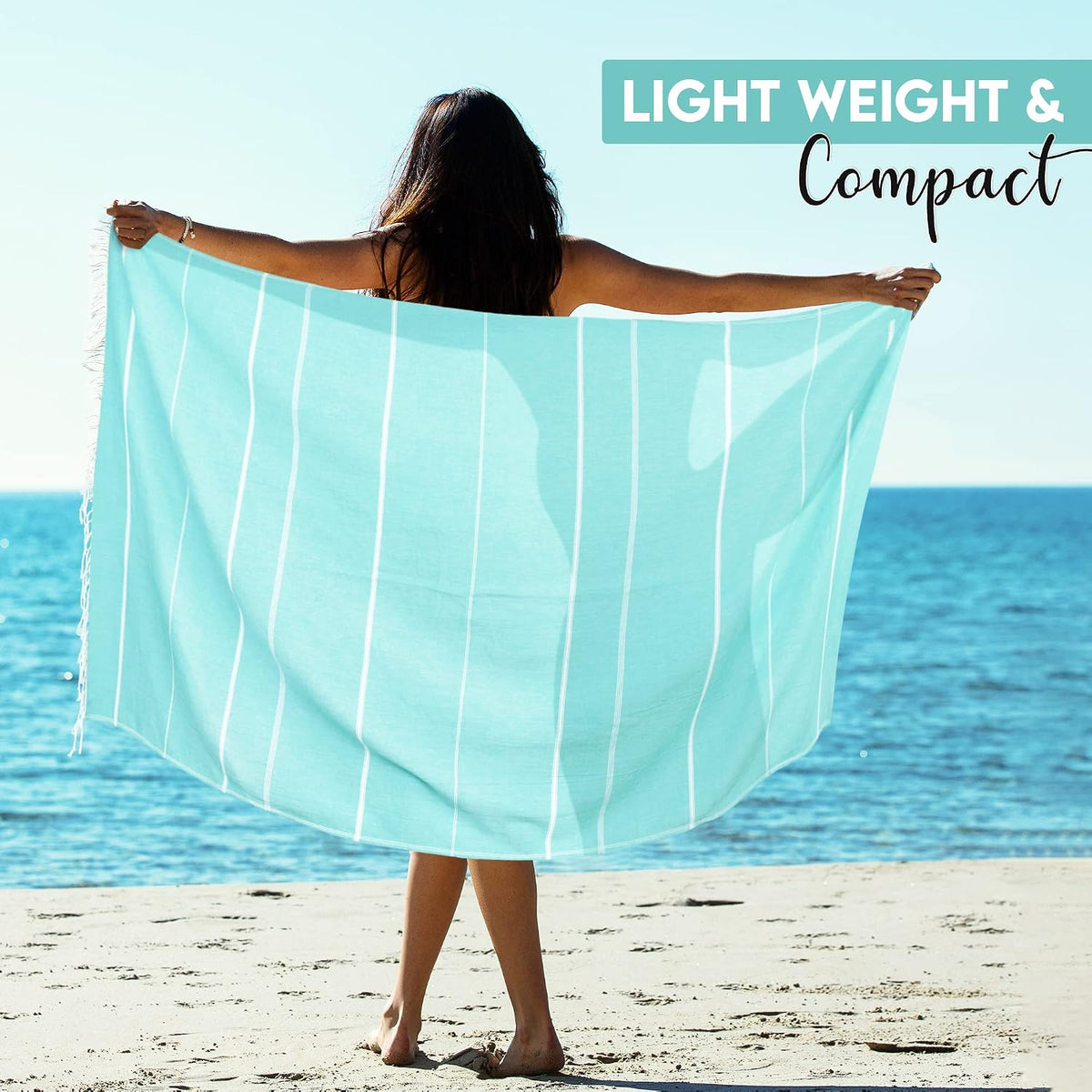 Pack of 2 Turkish Beach Towel, 40 by 72 Inches, Oversized 100% Cotton, Sand Free Lightweight Absorbent Quick-Dry Beach Blanket, Extra Large Turkish Bath Towels for Travel and Pool, Aqua