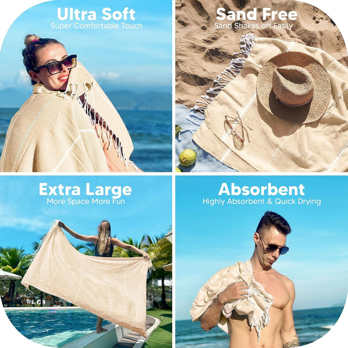 Pack of 2 Turkish Beach Towel, 40 by 72 Inches, Oversized 100% Cotton, Sand Free Lightweight Absorbent Quick-Dry Beach Blanket, Extra Large Turkish Bath Towels for Travel and Pool, Aqua