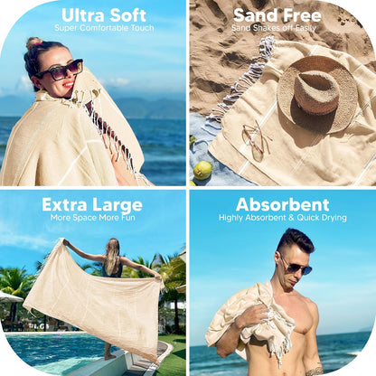 Pack of 2 Turkish Beach Towel, 40 by 72 Inches, Oversized 100% Cotton, Sand Free Lightweight Absorbent Quick-Dry Beach Blanket, Extra Large Turkish Bath Towels for Travel and Pool, Aqua