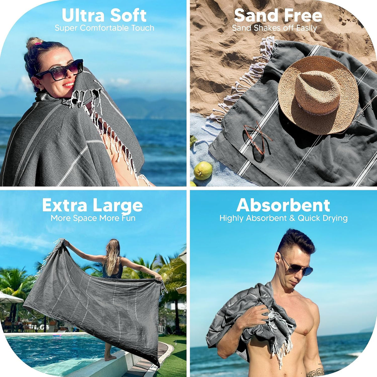 Pack of 2 Turkish Beach Towel, 40 by 72 Inches, Oversized 100% Cotton, Sand Free Lightweight Absorbent Quick-Dry Beach Blanket, Extra Large Turkish Bath Towels for Travel and Pool, Aqua