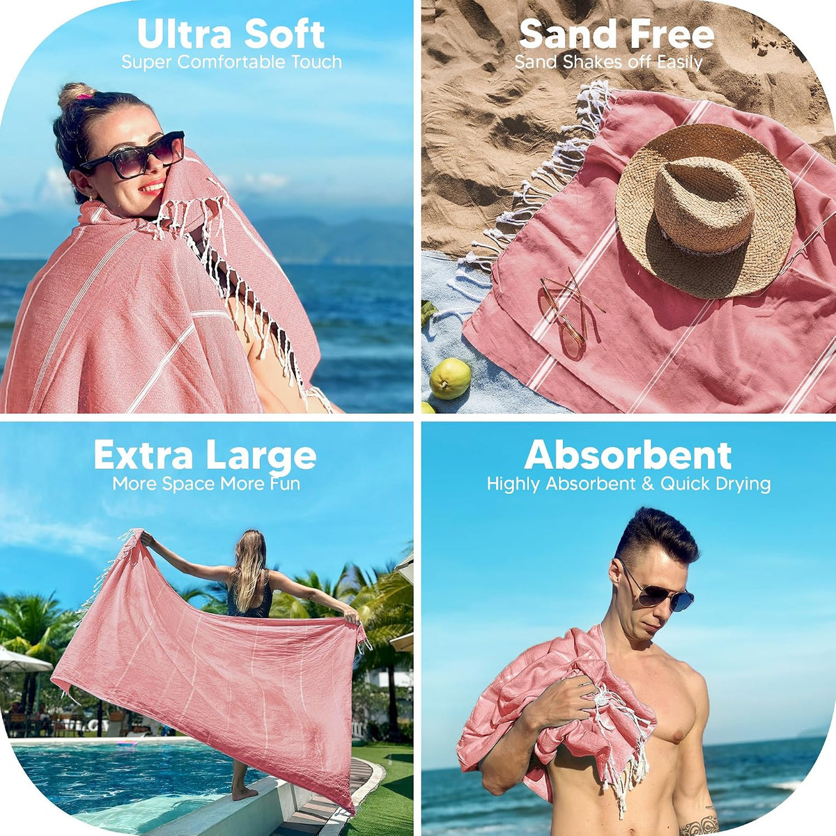 Pack of 2 Turkish Beach Towel, 40 by 72 Inches, Oversized 100% Cotton, Sand Free Lightweight Absorbent Quick-Dry Beach Blanket, Extra Large Turkish Bath Towels for Travel and Pool, Aqua