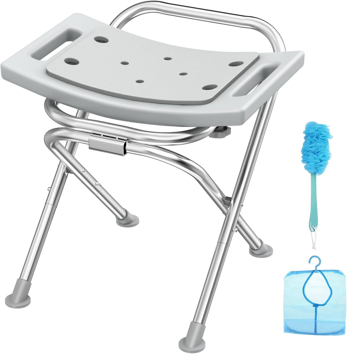 Folding Shower Chair Seat, 17.5" Stainless Steel Small Shower Chair for Inside Shower with Pad, 400lbs Portable Travel Shower Stool, Safety Anti-Slip Bath Chair for Seniors, Disabled, Gray