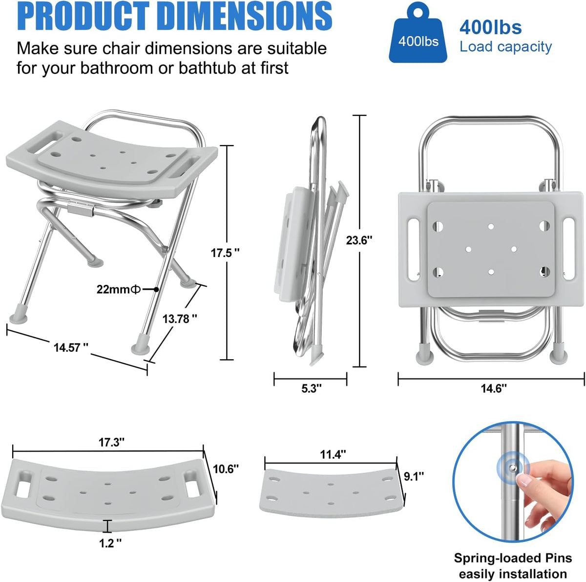 Folding Shower Chair Seat, 17.5" Stainless Steel Small Shower Chair for Inside Shower with Pad, 400lbs Portable Travel Shower Stool, Safety Anti-Slip Bath Chair for Seniors, Disabled, Gray