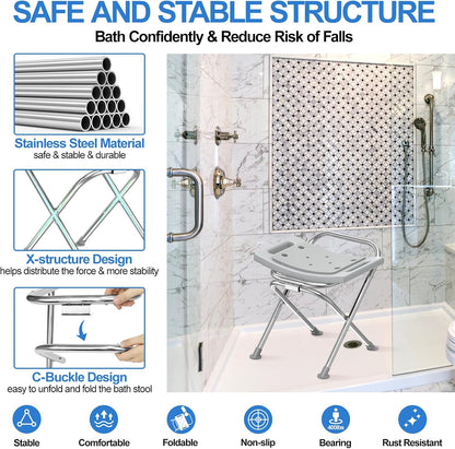 Folding Shower Chair Seat, 17.5" Stainless Steel Small Shower Chair for Inside Shower with Pad, 400lbs Portable Travel Shower Stool, Safety Anti-Slip Bath Chair for Seniors, Disabled, Gray