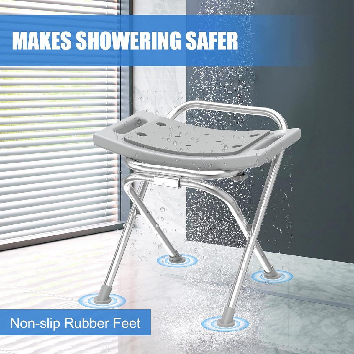 Folding Shower Chair Seat, 17.5" Stainless Steel Small Shower Chair for Inside Shower with Pad, 400lbs Portable Travel Shower Stool, Safety Anti-Slip Bath Chair for Seniors, Disabled, Gray