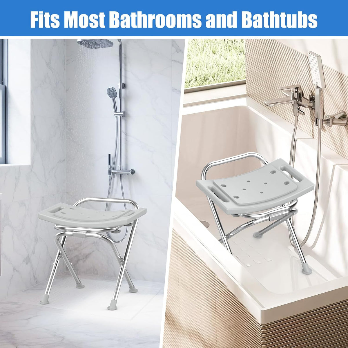 Folding Shower Chair Seat, 17.5" Stainless Steel Small Shower Chair for Inside Shower with Pad, 400lbs Portable Travel Shower Stool, Safety Anti-Slip Bath Chair for Seniors, Disabled, Gray