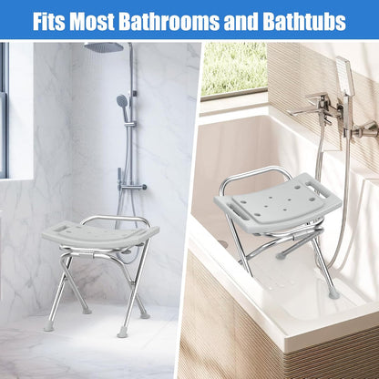 Folding Shower Chair Seat, 17.5" Stainless Steel Small Shower Chair for Inside Shower with Pad, 400lbs Portable Travel Shower Stool, Safety Anti-Slip Bath Chair for Seniors, Disabled, Gray