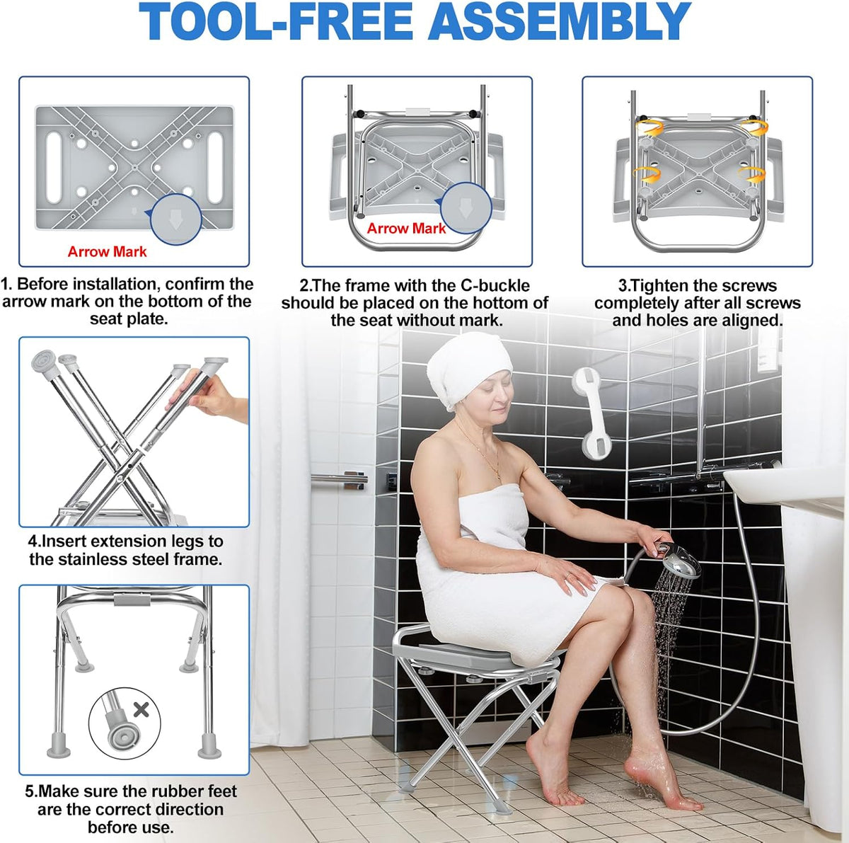 Folding Shower Chair Seat, 17.5" Stainless Steel Small Shower Chair for Inside Shower with Pad, 400lbs Portable Travel Shower Stool, Safety Anti-Slip Bath Chair for Seniors, Disabled, Gray
