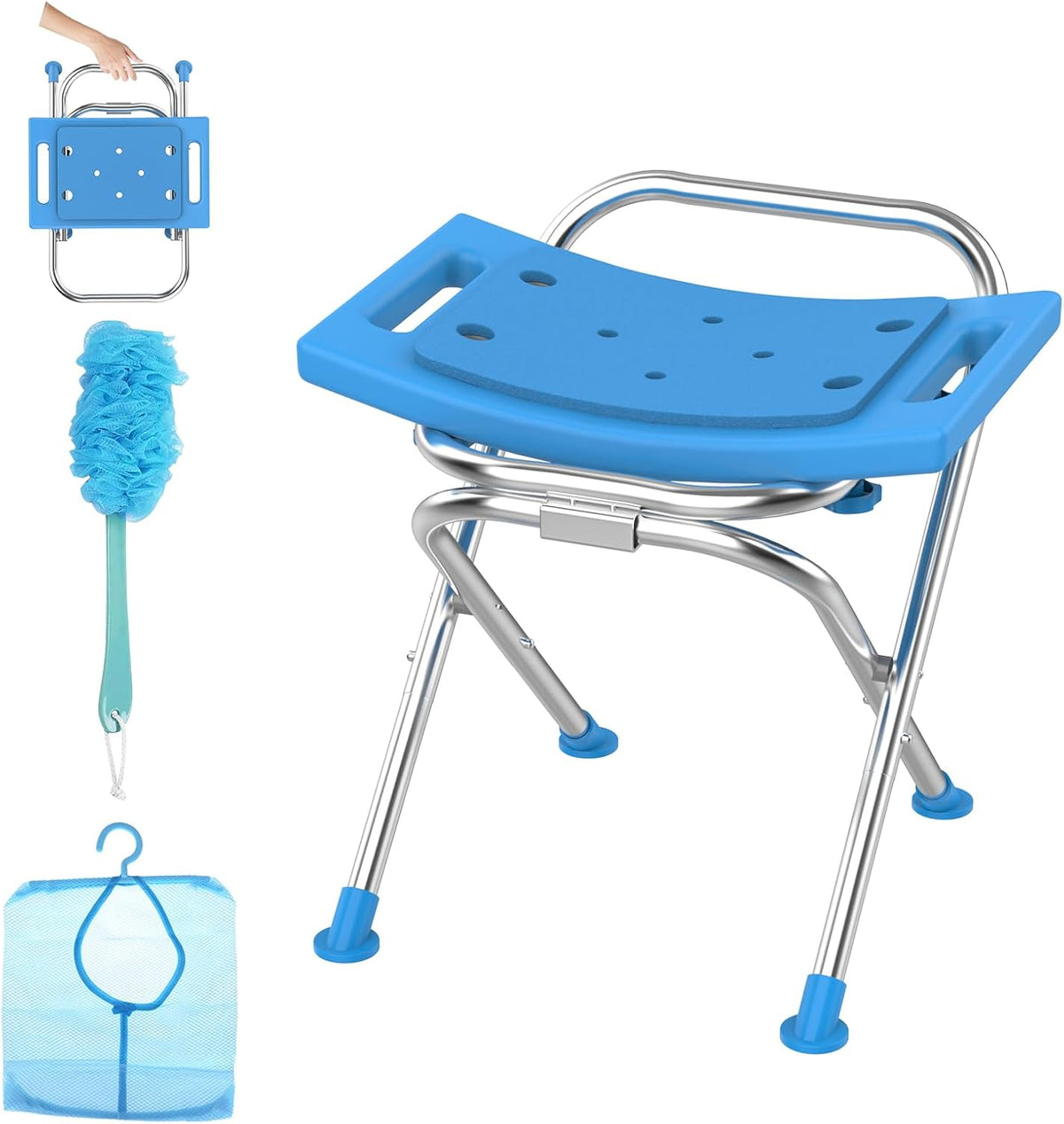 Folding Shower Chair Seat, 17.5" Stainless Steel Small Shower Chair for Inside Shower with Pad, 400lbs Portable Travel Shower Stool, Safety Anti-Slip Bath Chair for Seniors, Disabled, Gray