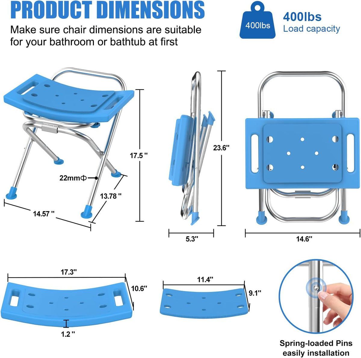 Folding Shower Chair Seat, 17.5" Stainless Steel Small Shower Chair for Inside Shower with Pad, 400lbs Portable Travel Shower Stool, Safety Anti-Slip Bath Chair for Seniors, Disabled, Gray