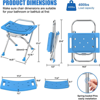Folding Shower Chair Seat, 17.5" Stainless Steel Small Shower Chair for Inside Shower with Pad, 400lbs Portable Travel Shower Stool, Safety Anti-Slip Bath Chair for Seniors, Disabled, Gray