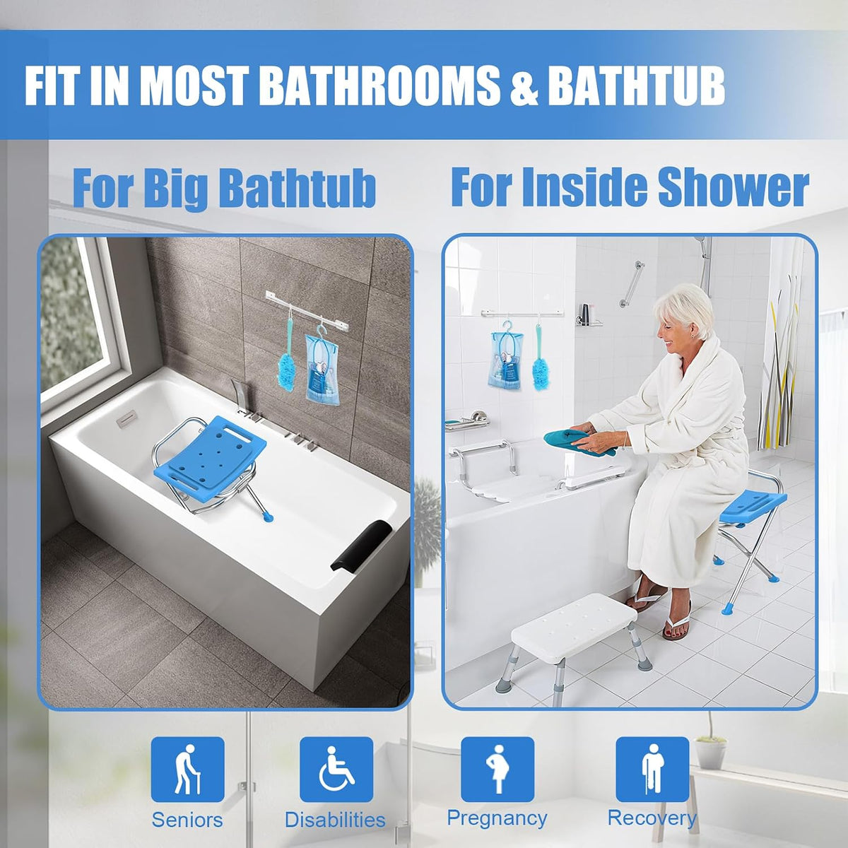 Folding Shower Chair Seat, 17.5" Stainless Steel Small Shower Chair for Inside Shower with Pad, 400lbs Portable Travel Shower Stool, Safety Anti-Slip Bath Chair for Seniors, Disabled, Gray