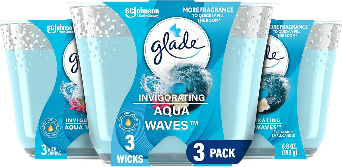 Candle Aqua Waves, Fragrance Infused with Essential Oils, Air Freshener, 3-Wick Candle, 6.8 Oz, 3 Count