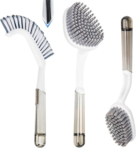 3 Pack Shower Brush for Cleaning, Heavy-Duty Scrub Brush Set for Bathroom | 3 Specialized Brushes, Stiff Bristles, Curved Brush, V-Shaped Grout Brush, Bathroom Deep Cleaning