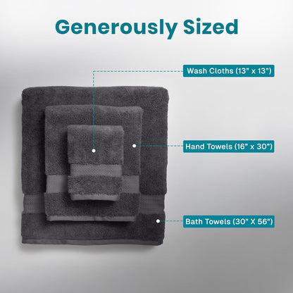 100% Organic Cotton Bath Towel Set of 6 700 GSM Hotel Premium Plush Absorbent Soft Durable Skin-Friendly Spa Quality Bathroom Comfort with 2 Bath 2 Hand Towels and 2 Wash Cloths Dark Grey