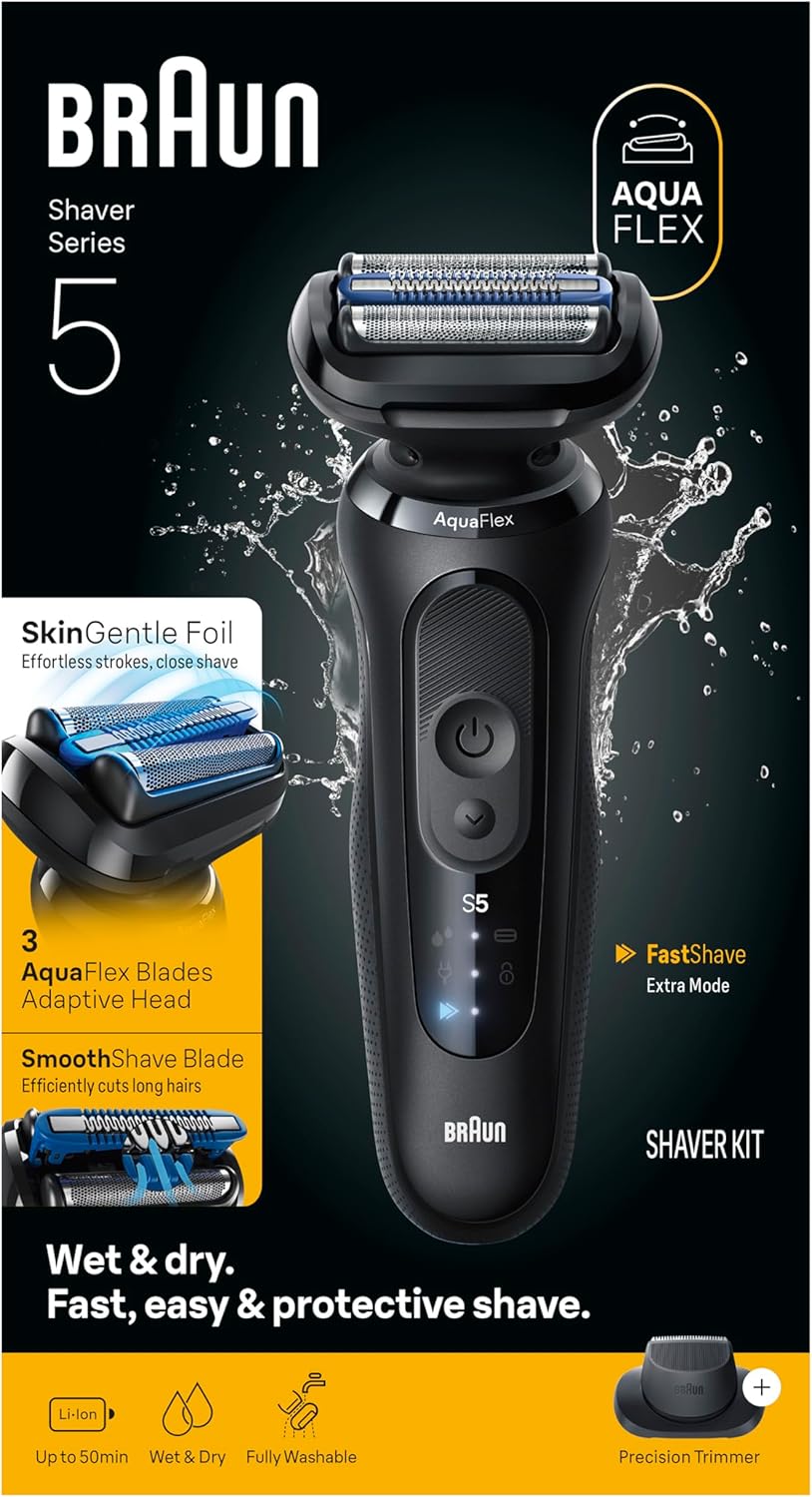 Series 5 Electric Shaver for Men, Wet & Dry Foil Razor, Precision Trimmer Attachment, Body Groomer Attachment, Charging Stand, Travel Case, Black 5155cs