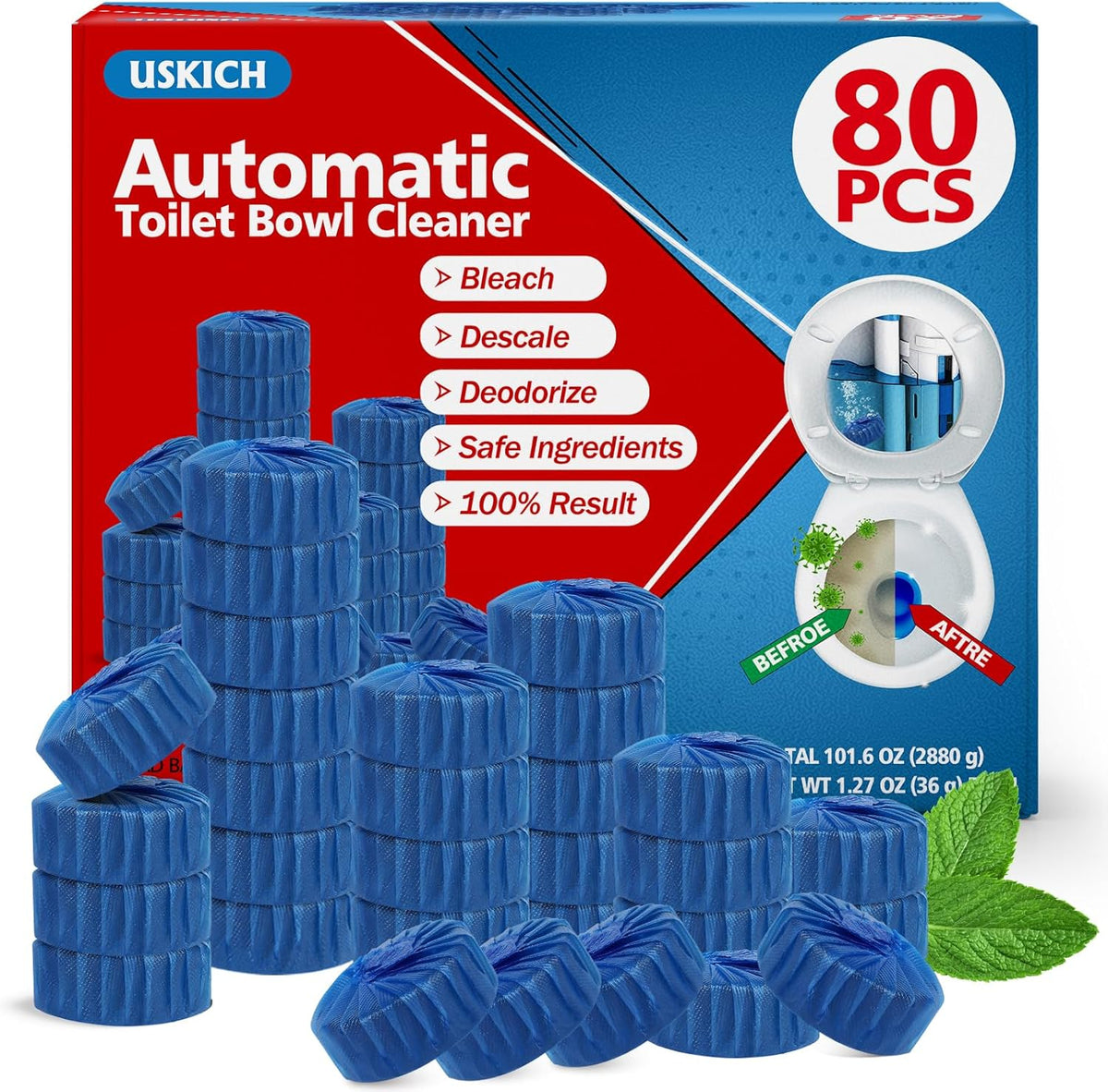 40 Pack Toilet Bowl Cleaner Tablets,Blue Automatic Toilet Tank Cleaners, Long-Lasting Household Toilet Cleaners,Toilet flush Cleaning & Deodorizer