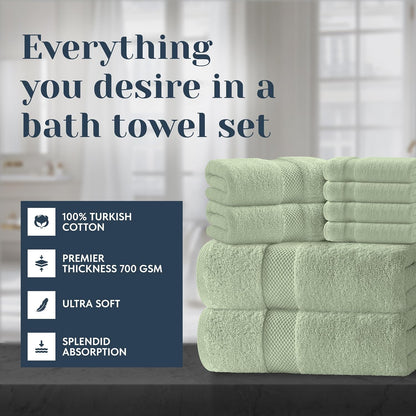 Luxury Bath Towel Set of 8 Pieces - 100% Turkish Cotton Highly Absorbent Towels for Bathroom, 2 Luxury Bath Towels 700GSM, 2 Hand Towels, 4 Washcloths, Forest Green