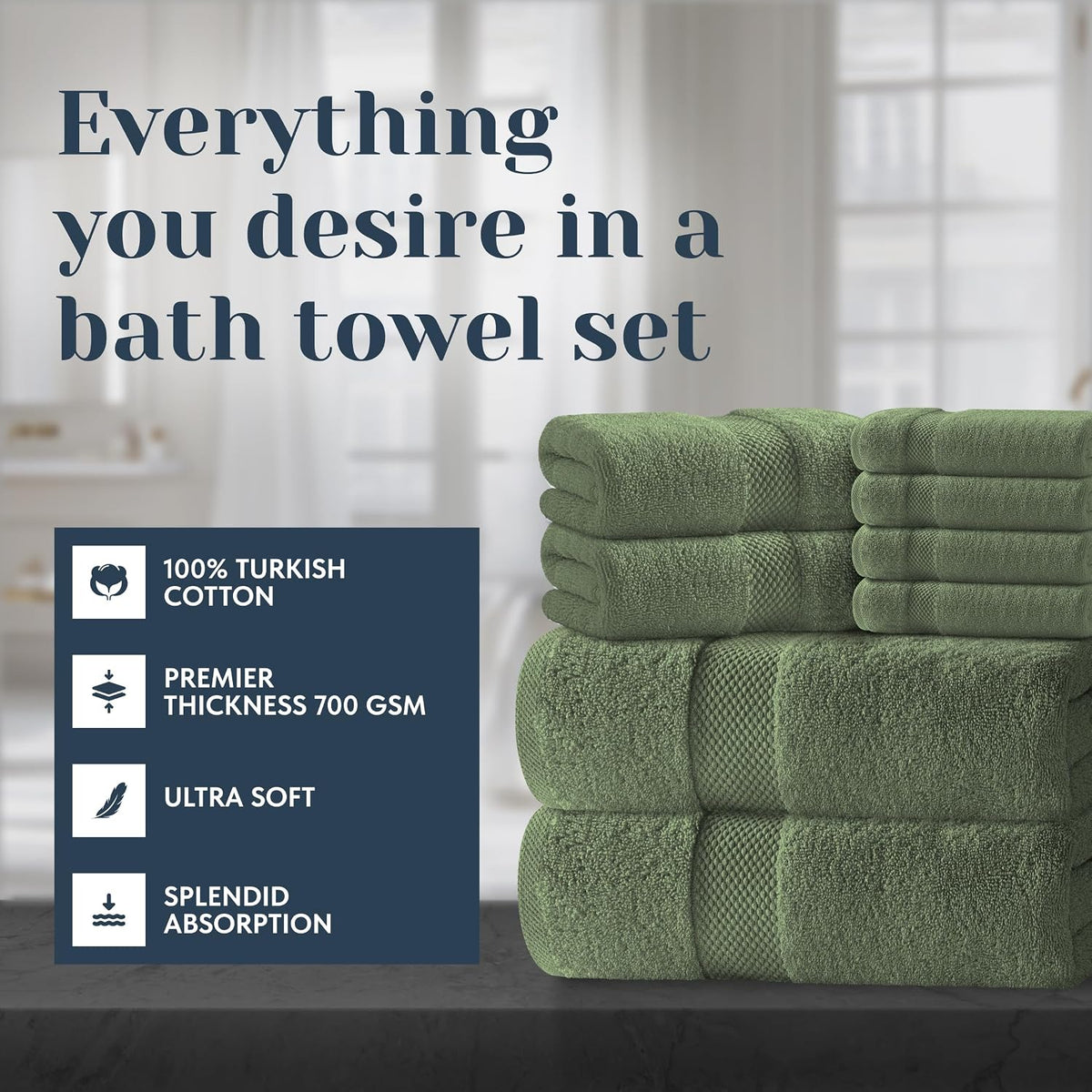 Luxury Bath Towel Set of 8 Pieces - 100% Turkish Cotton Highly Absorbent Towels for Bathroom, 2 Luxury Bath Towels 700GSM, 2 Hand Towels, 4 Washcloths, Forest Green