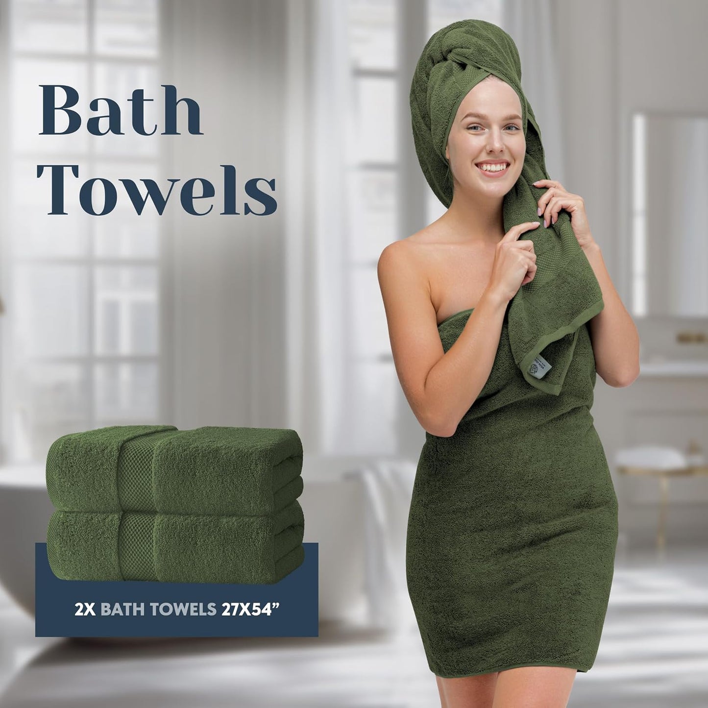 Luxury Bath Towel Set of 8 Pieces - 100% Turkish Cotton Highly Absorbent Towels for Bathroom, 2 Luxury Bath Towels 700GSM, 2 Hand Towels, 4 Washcloths, Forest Green