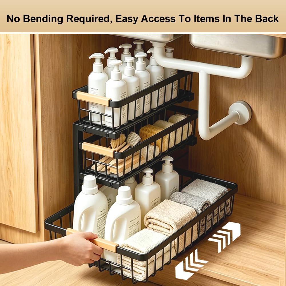 Under Sink Organizer, 2-Pack 3-Tier Adjustable Height Pull Out