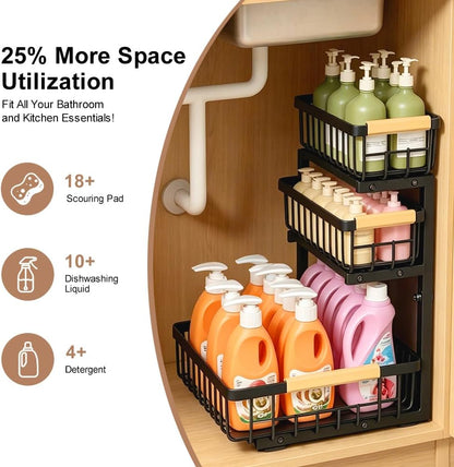 Under Sink Organizer, 2-Pack 3-Tier Adjustable Height Pull Out