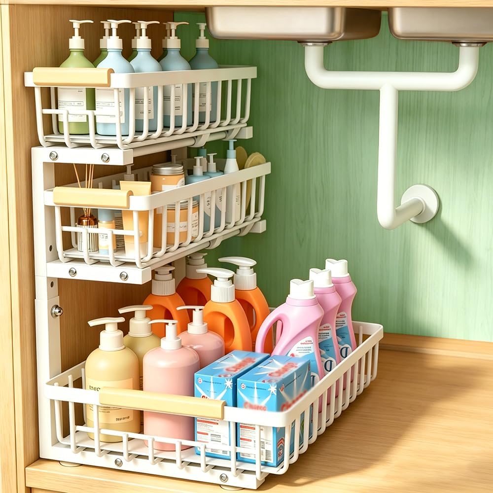 Under Sink Organizer, 2-Pack 3-Tier Adjustable Height Pull Out