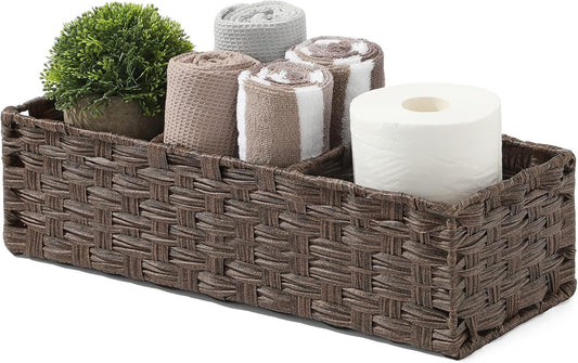 [Larger Compartments] Toilet Tank Topper Paper Basket - Multiuse Hand Woven Plastic Wicker Basket with Divider for Organizing, Rustic Farmhouse Bathroom Decor, Countertop Organizer Storage, Gray Wash