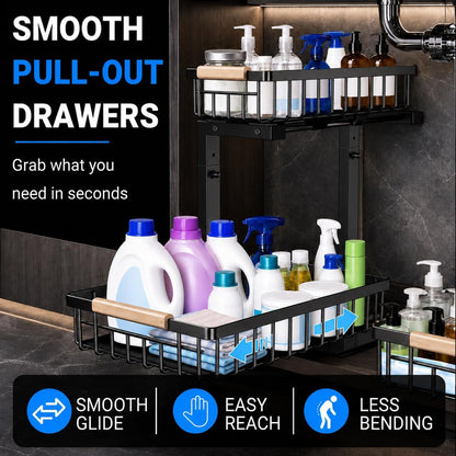 Under Sink Organizer 2 Pack, Double Slide Out Metal Shelf, White