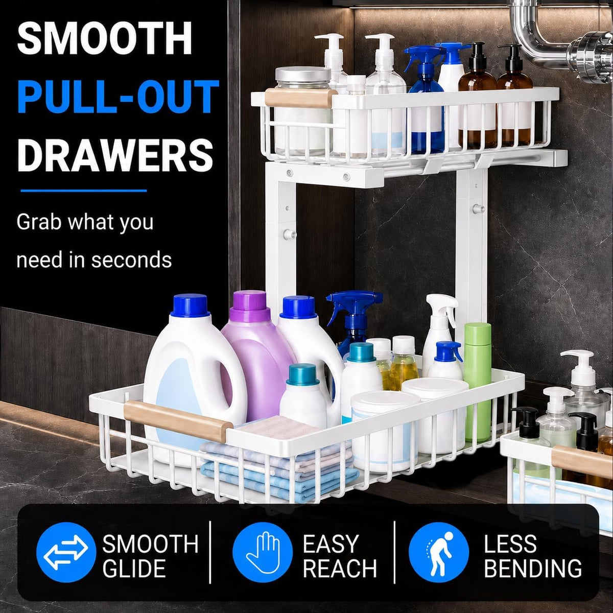 Under Sink Organizer 2 Pack, Double Slide Out Metal Shelf, White