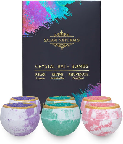 Crystal Bath Bombs Gift Set (6 Pack) – Aromatherapy Geode Fizzies with Nourishing Bath Salts – Lavender, Eucalyptus Mint & Citrus – Spa Gifts for Women, Relaxation & Moisturizing