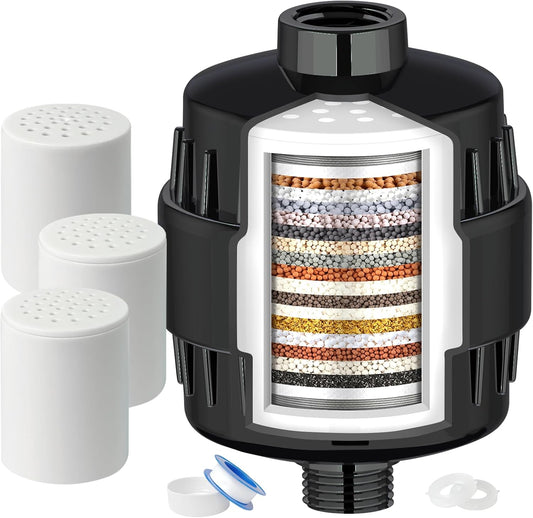 Shower Filter - 20 Stage Filtration with 2 Replacement Cartridges | High Output, Removes Chlorine & Fluoride, Improves Skin & Hair Health, Universal Fit, Easy Installation