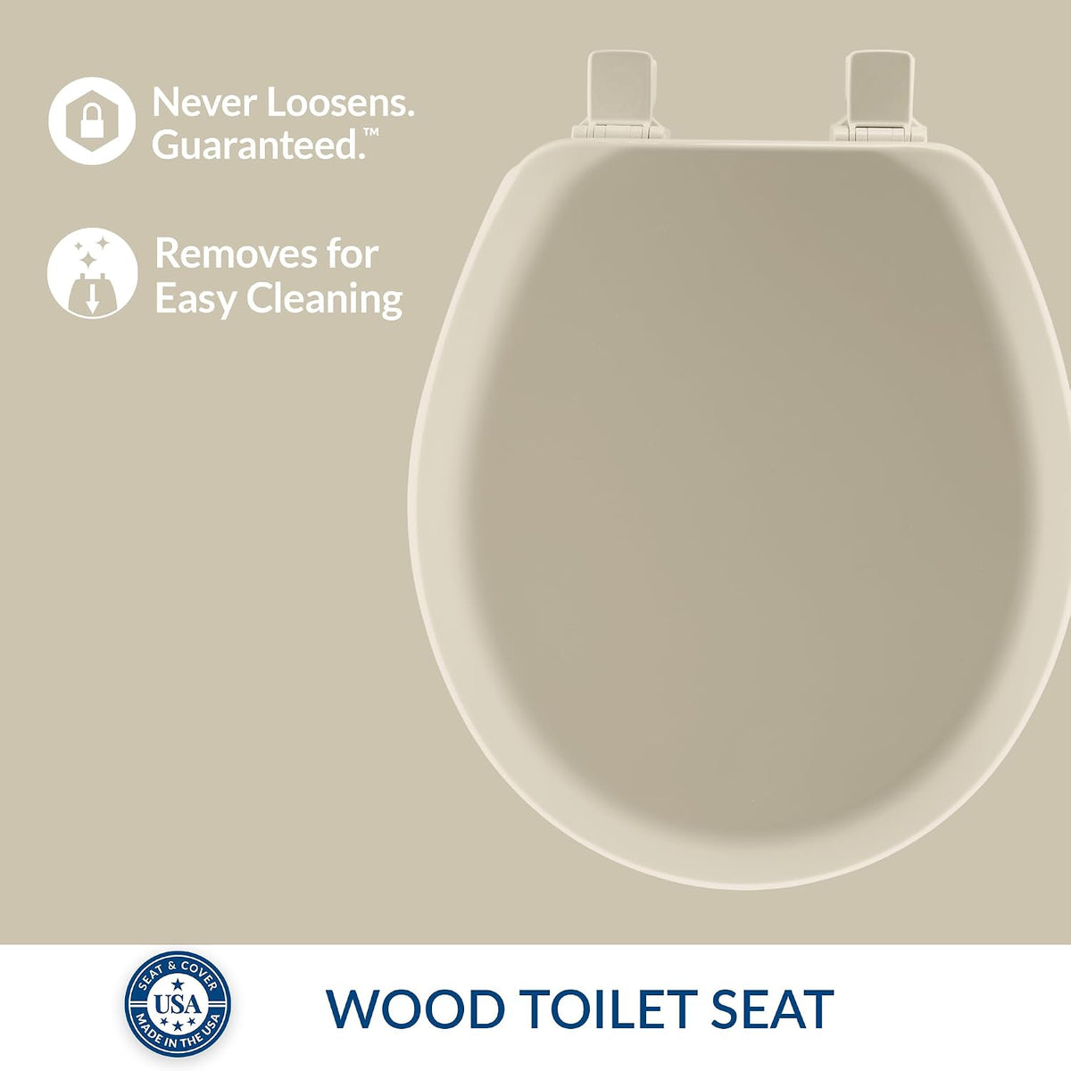 Cameron Biscuit Toilet Seat, Non Slip Heavy Duty Wood, Easy Clean, Made in USA, Round