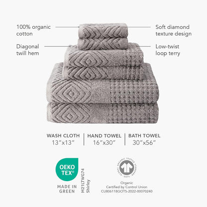 Texere 100% Organic Cotton Jacquard 650 GSM Premium Bath Towel Sets - Extra Absorbent Quick Dry and Plush, 2 Large Bath Towels, 2 Hand Towels, 2 Washcloths (Cable, Birch, 6 Piece)