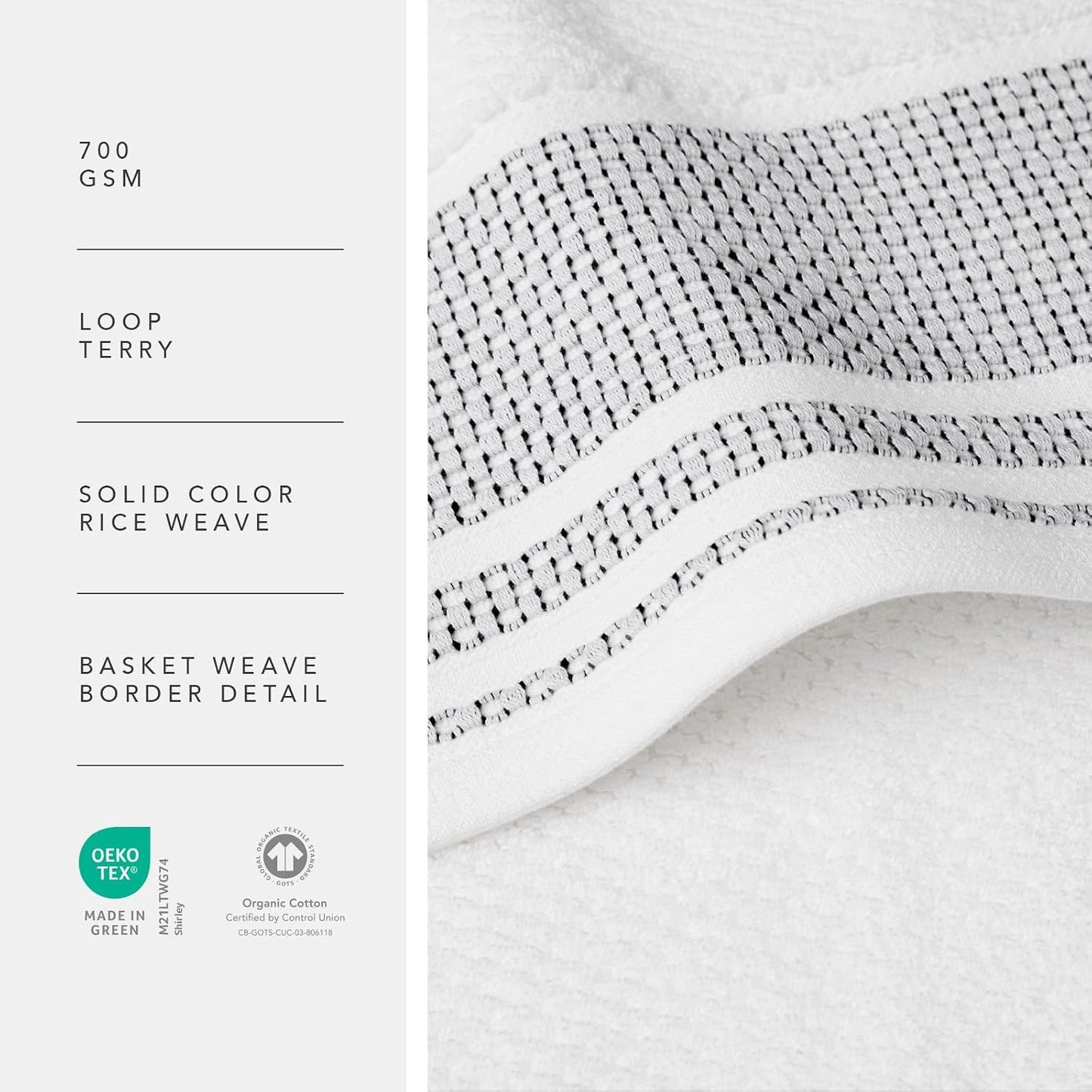 Texere 100% Organic Cotton Jacquard 650 GSM Premium Bath Towel Sets - Extra Absorbent Quick Dry and Plush, 2 Large Bath Towels, 2 Hand Towels, 2 Washcloths (Cable, Birch, 6 Piece)