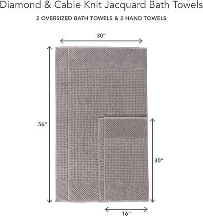 Texere 100% Organic Cotton Jacquard 650 GSM Premium Bath Towel Sets - Extra Absorbent Quick Dry and Plush, 2 Large Bath Towels, 2 Hand Towels, 2 Washcloths (Cable, Birch, 6 Piece)