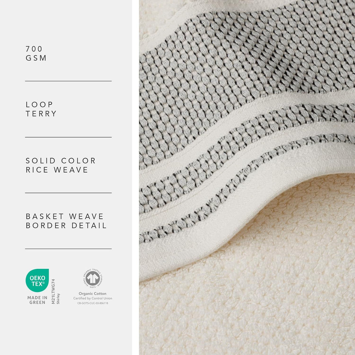Texere 100% Organic Cotton Jacquard 650 GSM Premium Bath Towel Sets - Extra Absorbent Quick Dry and Plush, 2 Large Bath Towels, 2 Hand Towels, 2 Washcloths (Cable, Birch, 6 Piece)